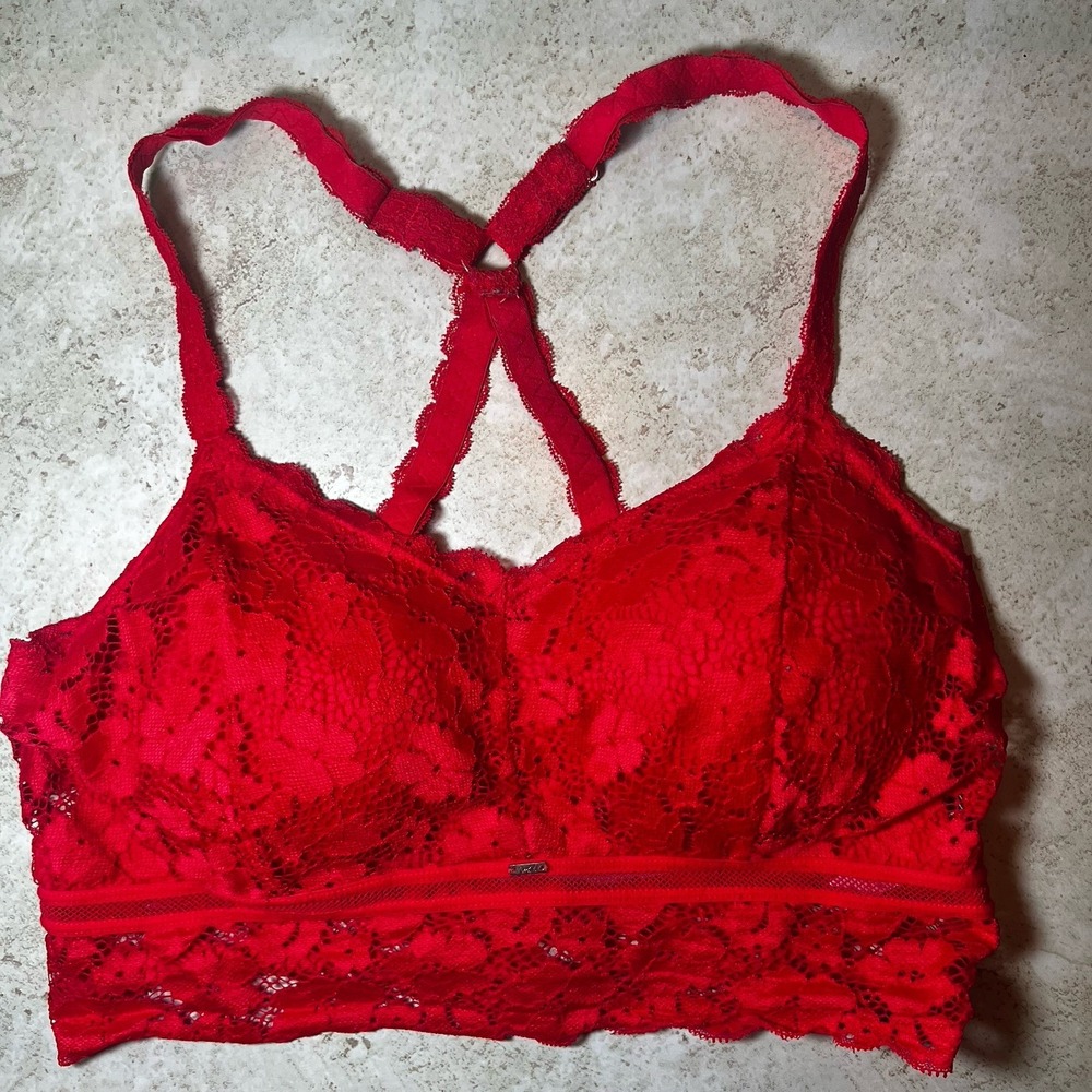 Jady K Juliette Racerback Red Floral Lace Longline Strappy Bralette L/XL EUC